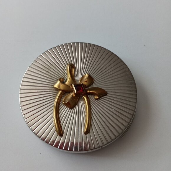 Vintage Gold Bow and Silver Compact Mirror by Evans Makeup Original Antique Gift - Picture 1 of 9